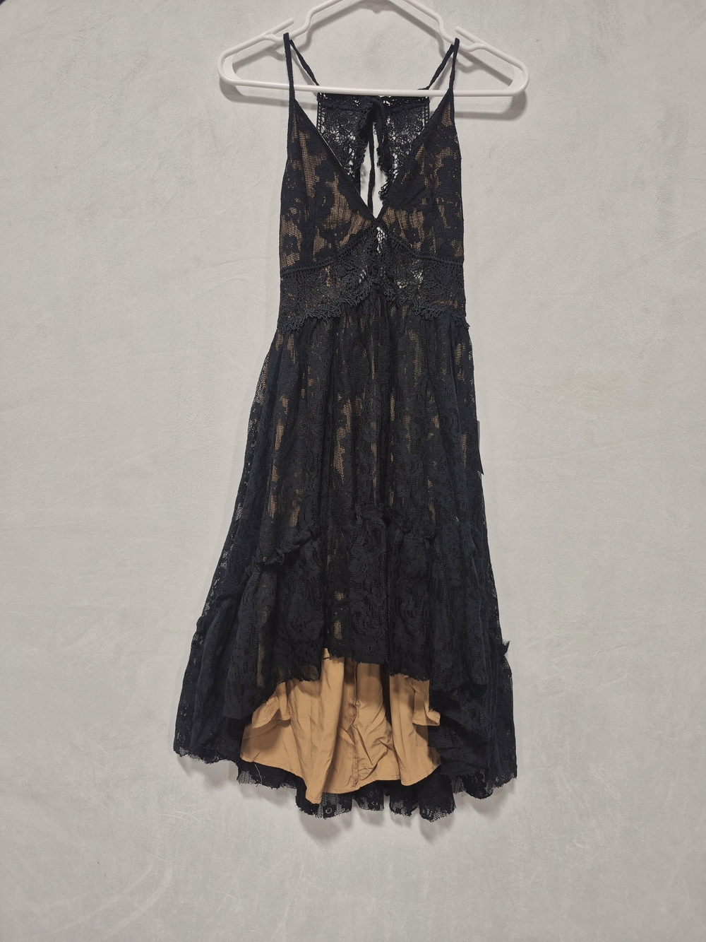 Joyfolie Black Lace High-Low Dress with Tan Underlay